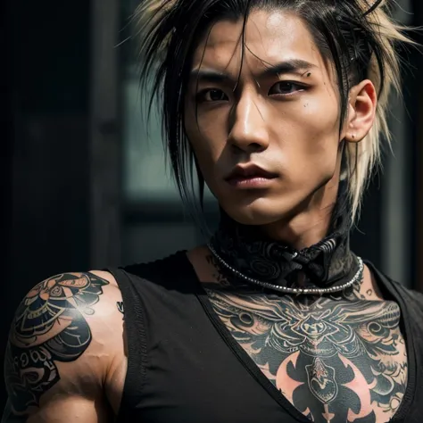 1 man, Japanese man, Male, Asian eyes,   muscular,  wide shoulders, Yakuza-Tattoos, Hairstyle Visual Kei style , Hair Visual Kei,  black men's shirt and black pants,  extremely detailed face and eyes,  hyperrealistic,  realistic presentation,  long hair , ...