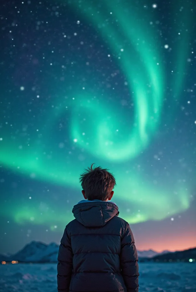 Boy portrayed under a Northern Lights Spectral Harmony, where the sky is alive with swirling auroras. Utilize vibrant waves of [COLOR1] and [COLOR2] against a deep night sky to create a mesmerizing effect 

