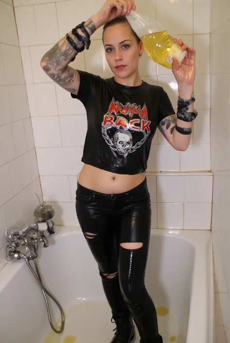  short skinny black hair gothic women standing in a bath tub, blue eyes, very short hair, distressed black jeans, black t-shirt with rock band logo, bare midriff, Doc Marten boots, wet, wet clothes, covered in oil, pouring oil, hair covered in oil, oil, ho...