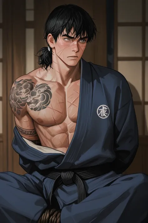 Karate fighter man, sitting, black hair tied up, gray eyes, and a tattoo on his chest, with his kimono open, and some scars on his face, the mood is right