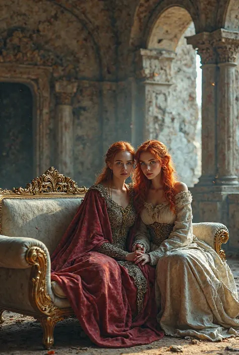   Red-haired and blue-eyed  、        cute woman sitting with a beautiful mother  、1 person  、     lying on a luxurious couch wearing an ancient Viking costume       、             、Inside the ruins、   Lying on a luxurious sofa                