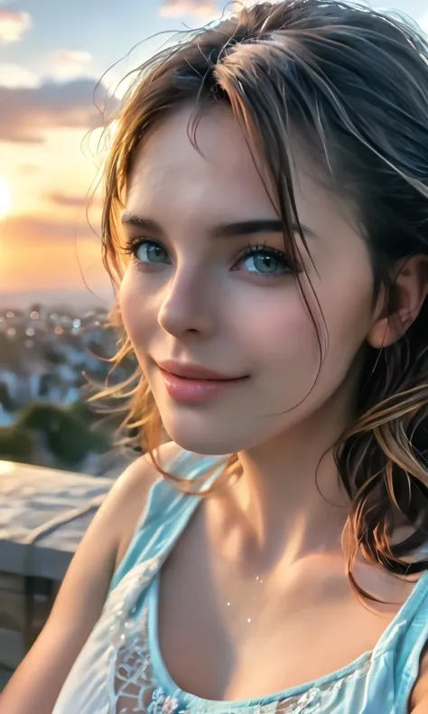 A young woman floating in the sky, detailed portrait, cinematic quality, bright and warm soft lighting, sunset sky, (sparks:0.7), (best quality,4k,8k,highres,masterpiece:1.2),ultra-detailed,(realistic,photorealistic,photo-realistic:1.37),close-up,happy,bea...