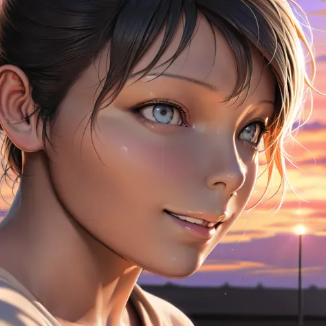 A young woman floating in the sky, detailed portrait, cinematic quality, bright and warm soft lighting, sunset sky, (sparks:0.7), (best quality,4k,8k,highres,masterpiece:1.2),ultra-detailed,(realistic,photorealistic,photo-realistic:1.37),close-up,happy,bea...