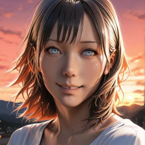 A young woman floating in the sky, detailed portrait, cinematic quality, bright and warm soft lighting, sunset sky, (sparks:0.7), (best quality,4k,8k,highres,masterpiece:1.2),ultra-detailed,(realistic,photorealistic,photo-realistic:1.37),close-up,happy,bea...