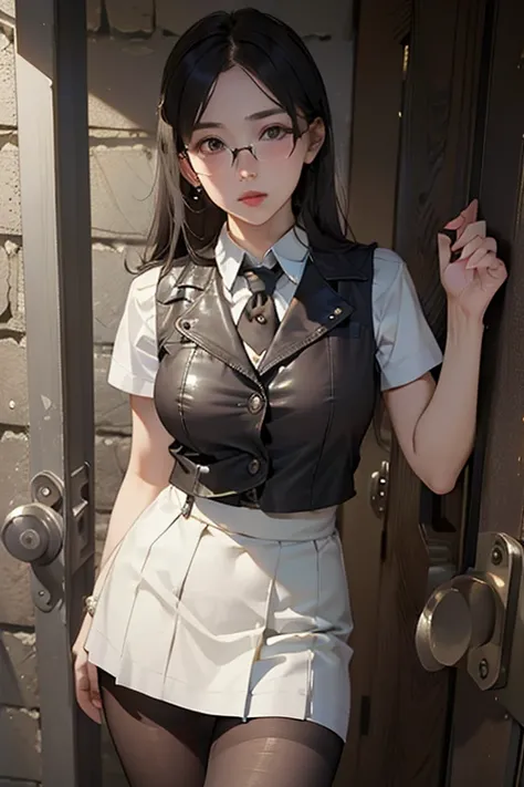 ((TOP QUALITY)), ((傑TOP QUALITY、masterpiece、High sensitivity、high resolution、 detailed depiction of up to the front door、 delicate face depiction ))Slender Woman、glasses、leather vest 、Leather mini skirt、 white tights、Inside an old prison、
