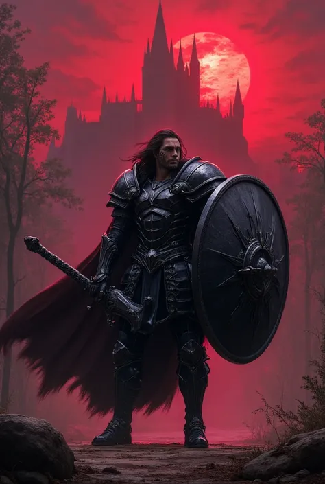 This man wears a black shiny armor without a helmet and an enormous shield the size of his body on one hand and a big black fulgurant sword on the other, behind him there's a forest, the sky is red and in the distance you can see the black silhouette of a ...