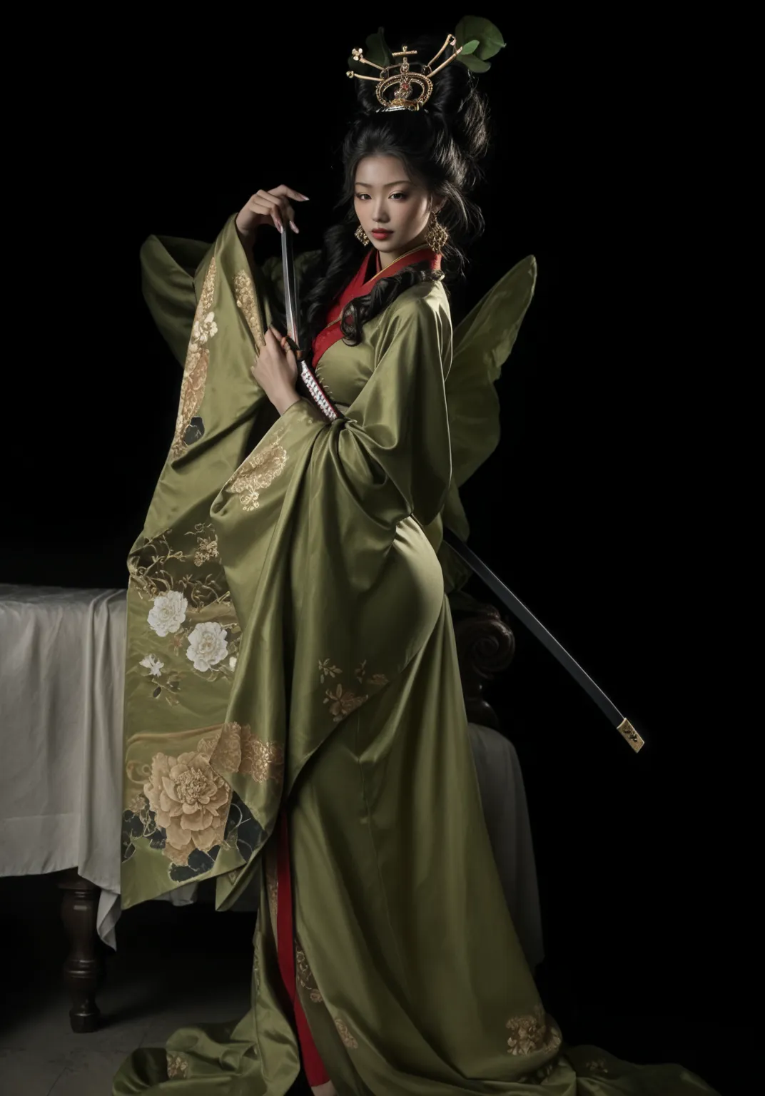 arafed Asian woman in a green dress "yielding a katana", hanfu, wearing ancient Chinese clothes, traditional Chinese clothing, green robes, palace, a girl in hanfu, flowing robes, flowing hair and long robes, with ancient Chinese clothes, wearing a luxurio...