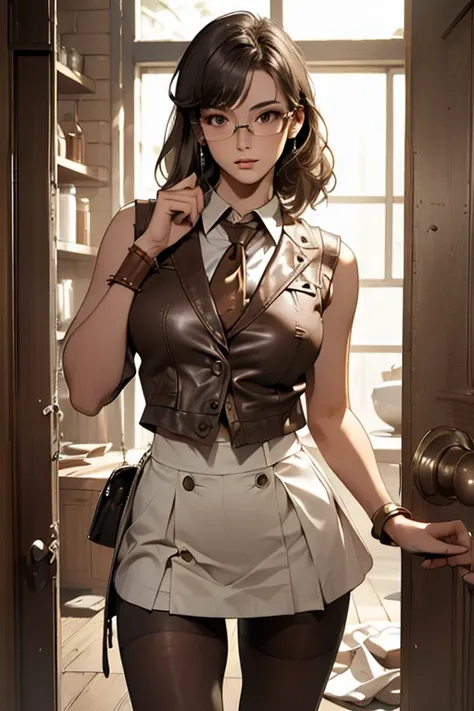 ((TOP QUALITY)), ((傑TOP QUALITY、masterpiece、High sensitivity、high resolution、 detailed depiction of up to the front door、 delicate face depiction ))Slender Woman、glasses、leather vest 、leather miniskirt in an old prison、 white tights、古びた監獄で、
