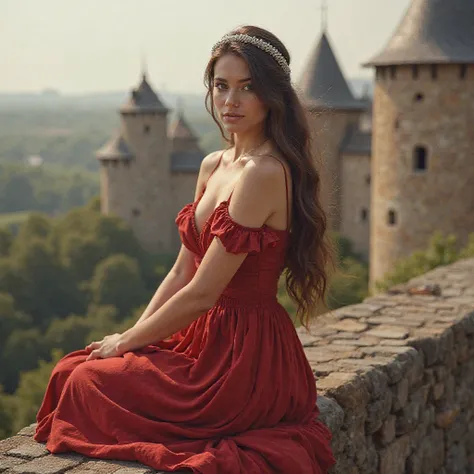 A beautiful young woman sits on the edge of a castle wall. Her soft and beautiful curves are accentuated by the light red dress she wears.. On her head is a light and fluffy silver headband. Her long brown hair extends down her back in smooth waves.
She is...