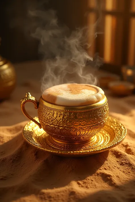 Realistic close-up illustration of a golden Turk with steaming coffee and thick foam, lighting reflecting the brilliance and splendor of Turkish gold. The image includes realistic, deep shadows, detailed textures for gold, coffee and sand against the backg...