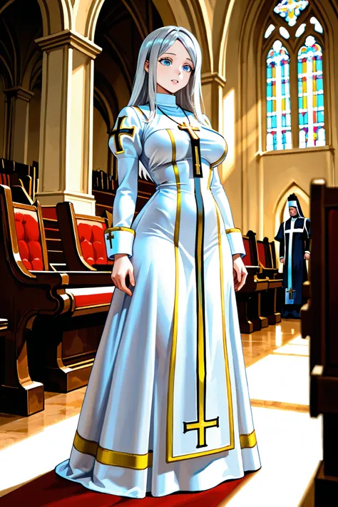 full body ,  1girl  , priest , cropped white priest dress , silver hair , blue eyes , midium breasts , in church , background blur,  Proximity Method, is anatomically correct, 