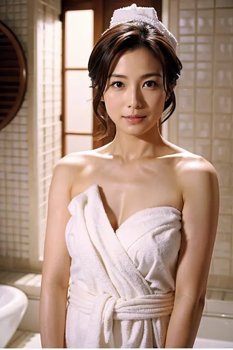 { small tits:1.2｝、{Zuo々Nozomi:1.3}、Japanese actress、Age 35、 white bath towel