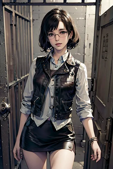 ((TOP QUALITY)), ((傑TOP QUALITY、masterpiece、High sensitivity、high resolution、 detailed depiction of up to the front door、 delicate face depiction ))Slender Woman、glasses、leather vest 、Leather mini skirt、 in the front room、In an old prison、
