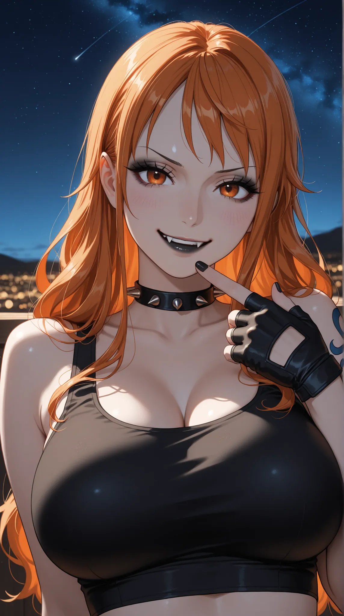 Nami, One Piece, medium shot, medium depth of field, rule of thirds, detailed eyes, full black eyeshadow, long eyelashes, black eyeliner, soft black lipstick, vampire fangs, orange eyes, orange hair, long hair, spiked choker, navy crop-top:1.8, large breas...