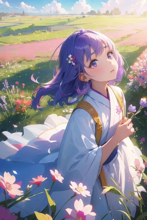 yinji,Wide-angle shot of white flowers, A girl with purple hair standing in a field of flowers，Looking up at the blue sky, Art Graphic Art, professional, 4K, Very detailed
