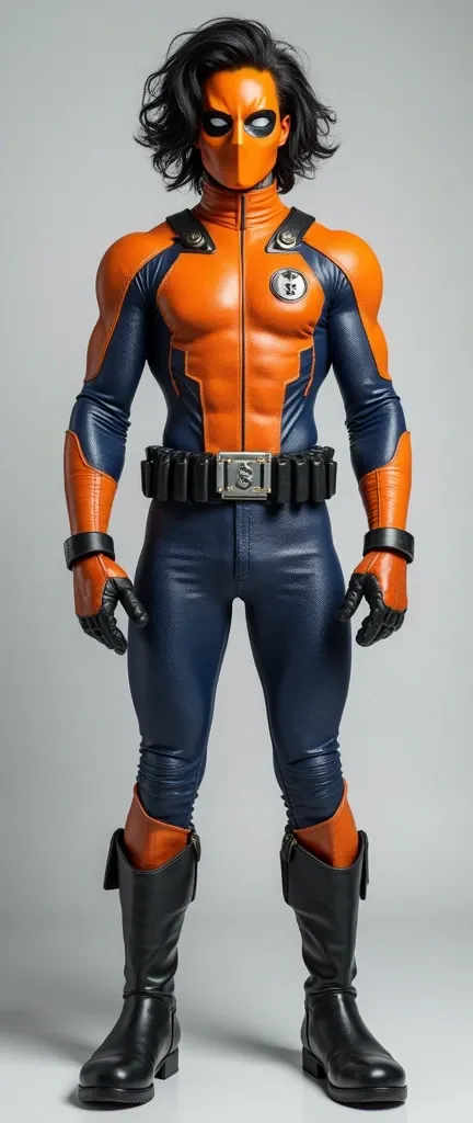 A black hair hero , wearing a orange mask that covers only the eyes, wearing textured metallic orange and blue costume,   a black tool belt with a silver square buckle with the same hurricane symbol in this  ,  a pair of black and orange gloves  ,  and wea...