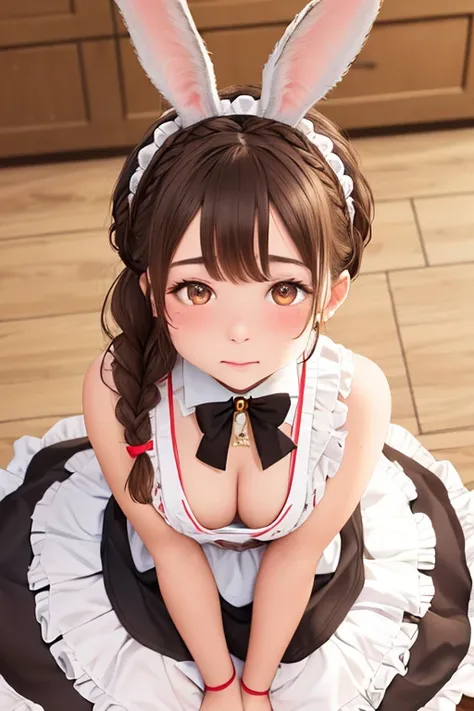 ( brown hair), Braided Ponytail, (( rabbit ears )), maid headdress, Fuji Color, ((( masterpiece))), (( Textured skin )), ((( high detail))), Hi-Res,  cute,  charming, maid, Apron Dress,  big boobs, Top view