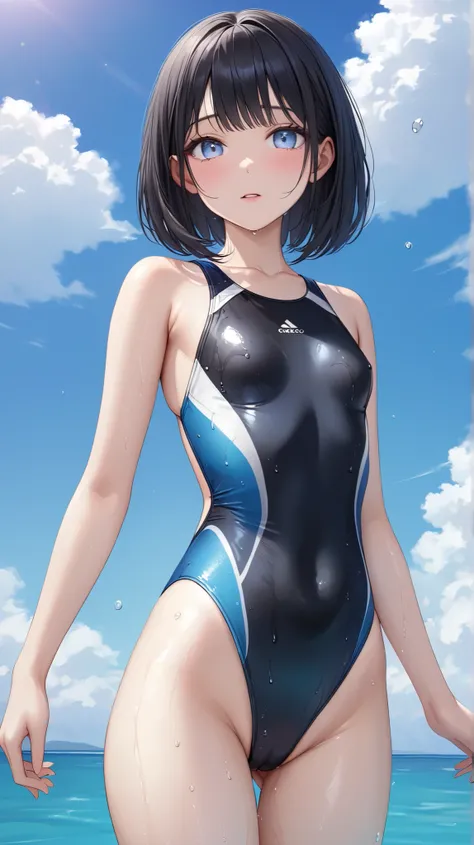 (masterpiece,best quality,ultra detailed,high resolution),(realistic:0.3),lady,beautiful eyes,black hair,straight hair,(inverted bob hair),competition swimsuit,damp-swimsuit,beaytiful sky,show crotch,small breast,