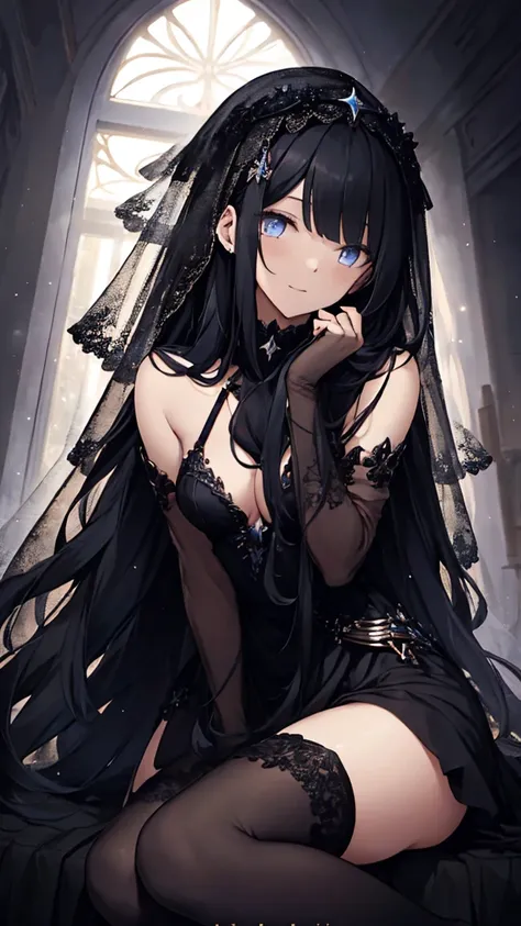    laugh while sitting , ((( Super Detail))), ((  masterpiece)), ((  's art  )),   sensual, Starry Saint ,  Black Embellished Dress,   black stockings ,Very little skin exposure, curve , Head Veil,  long black hair:1.and,   white skin,   droopy eyes  ,  St...