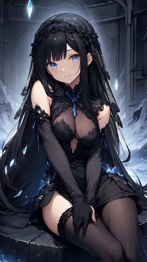    laugh while sitting , ((( Super Detail))), ((  masterpiece)), ((  's art  )),   sensual, Starry Saint ,  Black Embellished Dress,   black stockings ,Very little skin exposure, curve , Head Veil,  long black hair:1.and,   white skin,   droopy eyes  ,  St...