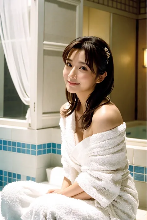 { small tits:1.2｝、{Zuo々Nozomi:1.3}、Japanese actress、Age 35、 white bath towel