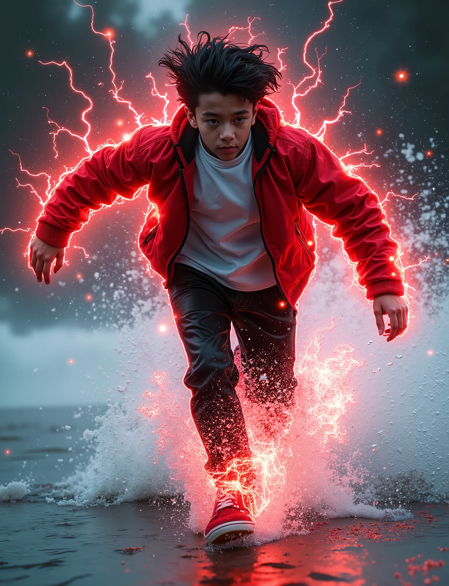  score_9,  score_8_arriba,  score_7_arriba, ,  score_chico  running sobre el agua_skating on water, red electricity, good heavens,  WATER WAVES,  running, in water, A boy_  young man with black hair_ boy full of electrical energy,  running sobre el agua, I...