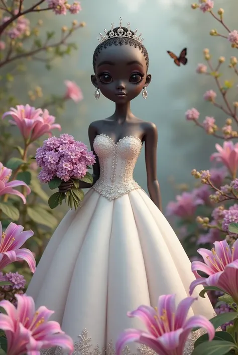 3D funko pop illustration with no mouth and a skinny thin waist black woman,
With bald black hair with a thin tiara.  white princess-style dress With a voluminous skirt and a marked waist, this model provides a romantic and feminine look.
The bodice fitted...