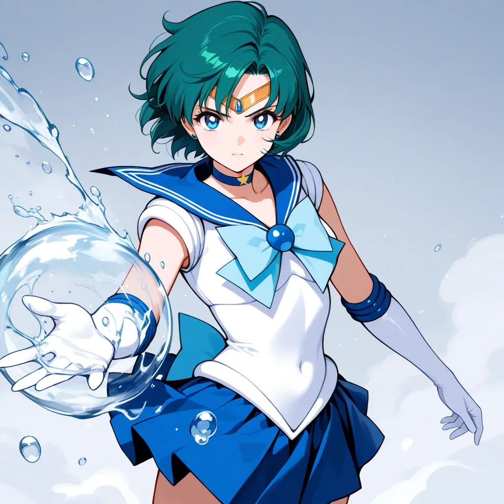 1 girl, sailor mercury, serious, beautiful detailed eyes, raise right hand, water manipulation, misty fog, masterpiece, cowboy shot, best quality, beautiful, Ultra detailed,