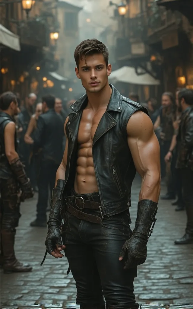 (masterpiece, best quality, realistic, ultra high detailed, UHD, view from a distance, facing the camera), Steampunk Street Performer: A hot, muscular young street performer captivates an audience in a bustling steampunk plaza. ((His sleeveless leather jac...