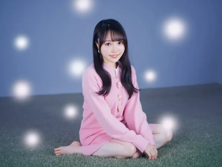 A cute Japanese woman sitting on a grassy field under a beautiful starry sky, wearing fluffy pink pajamas. She is sitting with her knees bent, looking relaxed and peaceful. The atmosphere is serene, with soft glowing stars in the sky and a gentle breeze in...