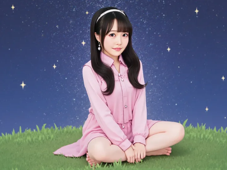 A cute Japanese woman sitting on a grassy field under a beautiful starry sky, wearing fluffy pink pajamas. She is sitting with her knees bent, looking relaxed and peaceful. The atmosphere is serene, with soft glowing stars in the sky and a gentle breeze in...