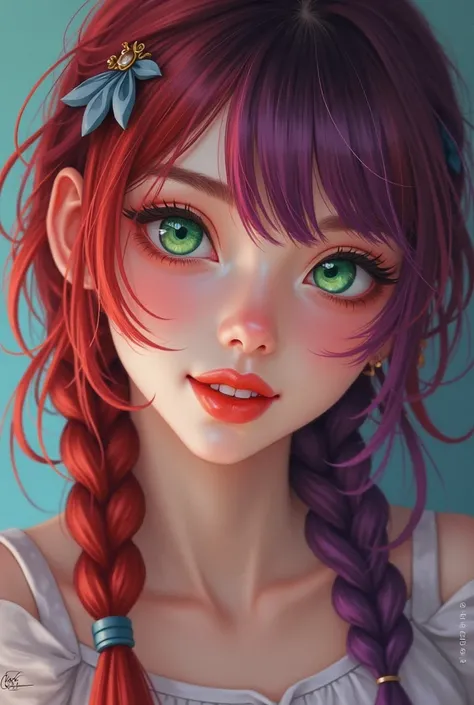 A young woman, with medium hair with red braids and purple locks. green eyes and white skin. Red lip and sweet smile