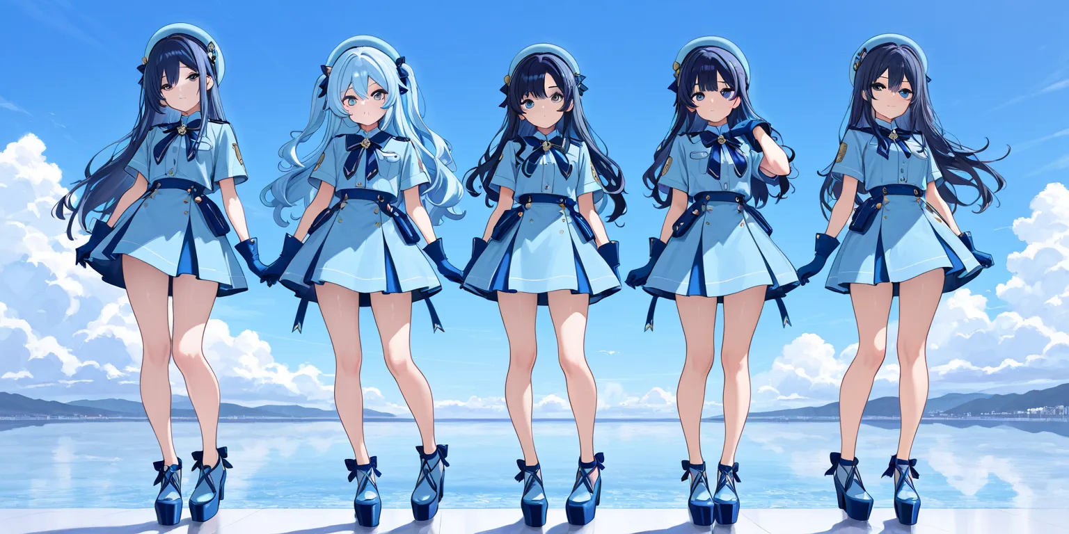 4girls, full body, dark blue long hair, sky blue eyes, standing upright, bare legs, light skin, sky blue shirts, sky blue skirts, sky blue gloves, sky blue hats, sky blue platform shoes, masterpiece, best quality,amazing quality