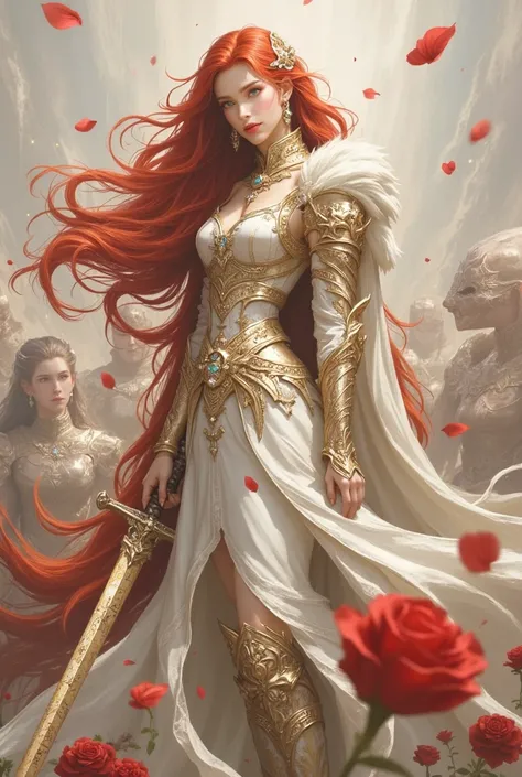  MaleniaNorm's intense and thrilling scene , Legendary female warrior,  maximizing realistic rendering .  Petite woman standing confidently  ,  Her slim figure wears elaborate gold and crimson armor ,  covered with elegant ,  thorn-like pattern . She is lo...