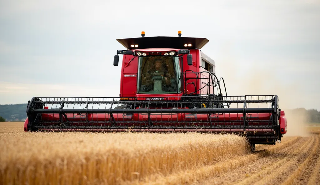 "A large red Massey Ferguson combine harvester operating in a golden wheat field during harvest season. The machine is actively cutting the wheat with its wide header attachment, which has rotating blades and a reel to feed the crop into the harvester. The...