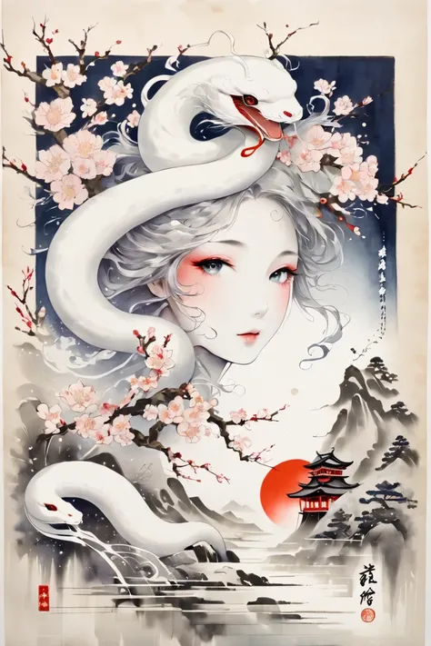 ukiyo-e,  Mishii traditional Japanese culture ,  The beautiful goddess and the white snake、Torikino Oki Shrine、 ink painting、