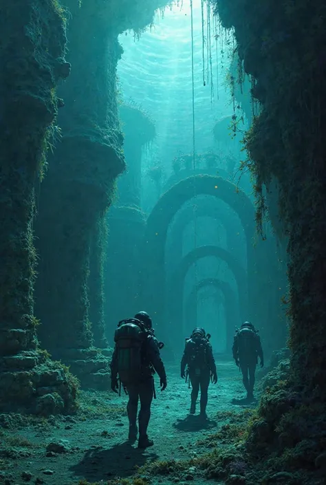 Deep-sea divers examining ancient submerged ruins.