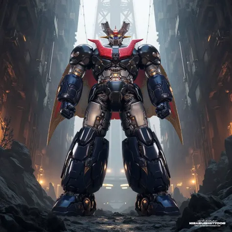 The remodeled Mazinger Z is full-body metal,  stands 100 meters high ahead .   is built with modern materials such as steel ,   Carbon Fiber  ,   Other industrial elements are also visible  ,  Just like the real thing  ,   I'm standing in front of a tall t...