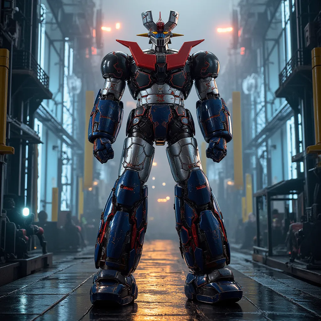 The remodeled Mazinger Z is full-body metal,  stands 100 meters high ahead .   is built with modern materials such as steel ,   Carbon Fiber  ,   Other industrial elements are also visible  ,  Just like the real thing  ,   I'm standing in front of a tall t...