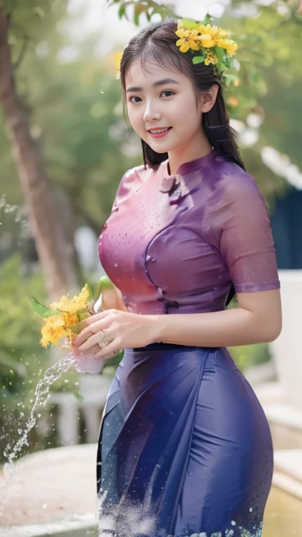 Burmese girl with attractive curvy full body.  Friends full-length bikini, (blue 💙 dress) Burma's long-lasting body is full of sensuality, and the beauty of the body She has the prettiest smile on her face, highlighting her wet beauty and splashing water o...