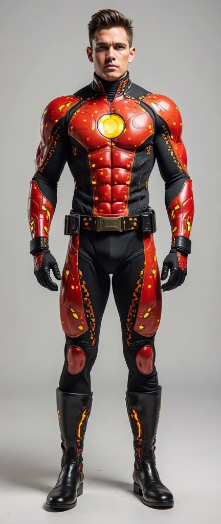 Create a slim realistic handsome hunky slender superhero wearing red orange black and yellow lava inspired textured fabric costume , with gloves and belt and boots,, front view,  create full body image with light gray background  
