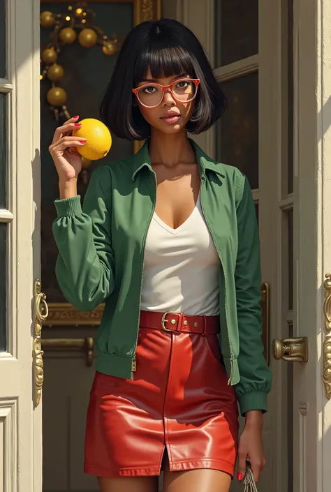 (( top quality)), ((傑 top quality、 Masterpiece、High sensitivity、 high res、 detailed depiction of up to the front door、 delicate face depiction ))Slender Woman、Glasses、 brown skin、 BOB CUT、 red leather skirt、green blouson 、Nibble on lemons 、