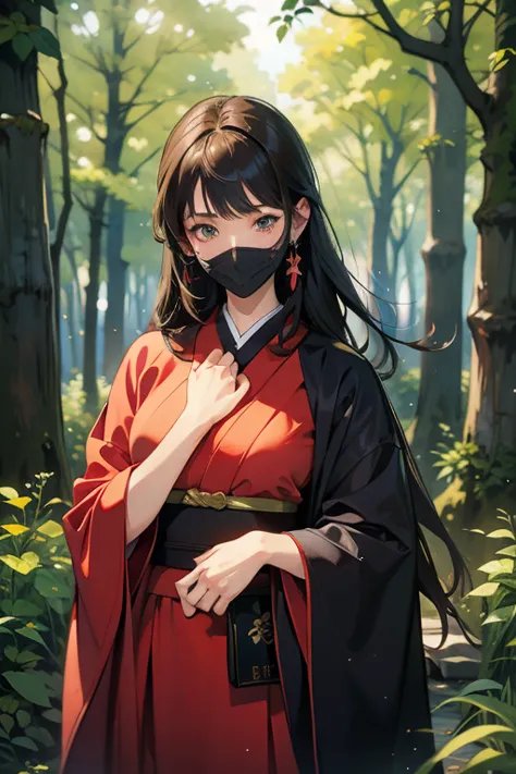 Japanese Warring States Period Women　whole body　Ninja　 realistic anime　Edge emphasis　 dirty　Aftermath　 in the woods　The background is watercolor painting 