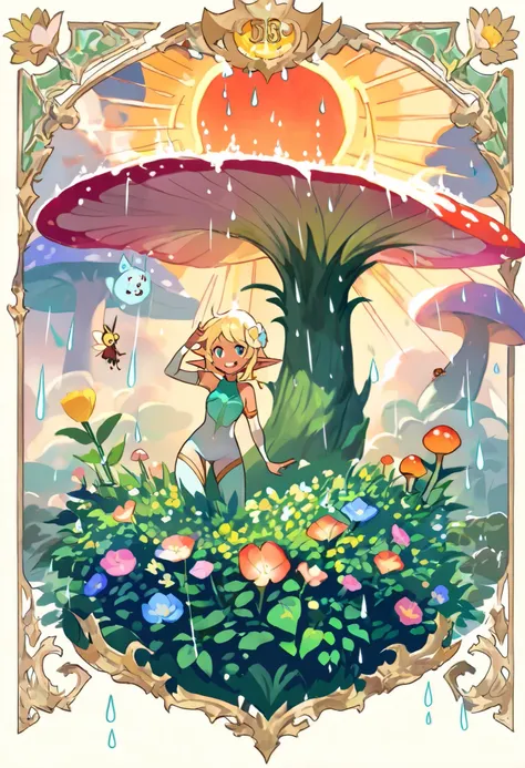 ((((A cheerful micro Elf dances on a beautiful flower in the rain)))). Arms and legs in different directions. Dynamic pose.((Large transparent raindrops)). The sun's rays break through the clouds. Fog. Fabulous plants, flowers and mushrooms. Insects are th...