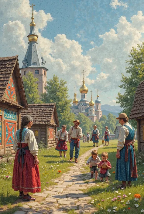 Square image 1×1. With an inscription in Russian "Russian from scratch to colloquial". Against the background of a Russian village with painted huts, in the distance, you can see an Orthodox church with golden domes, along the path, men and women in Russia...