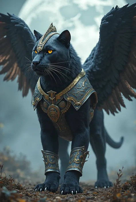 A majestic winged panther with sleek black fur, its powerful body covered in an intricately designed silver and gold armor. Its muscular frame is protected by ornate metal plates, engraved with ancient symbols. Large, feathered wings extend from its back, ...