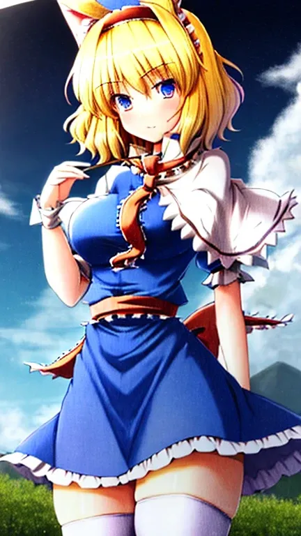 {{masterpiece, ultra-high quality, ultra detailed,}} alice_margatroid_touhou, blonde_hair, short_hair, hairband, blue_eyes, capelet, large breasts, wide hips, thick thighs, thigh high frilly white stockings, 