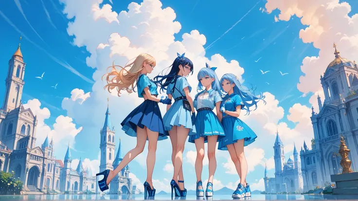 4girls, full body, dark blue long hair, sky blue eyes, standing upright, bare legs, light skin, sky blue shirts, sky blue skirts, sky blue gloves, sky blue hats, sky blue platform shoes, masterpiece, best quality,amazing quality