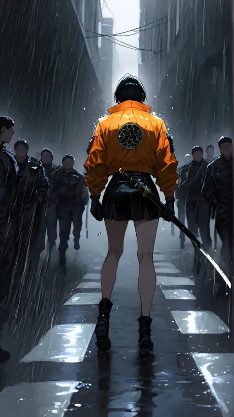 masterpiece, high quality, good aesthetic, hyper realistic face feature, ultra realism, view from back, 1girl, short black hair, wears black mini skirt, orange yellowish jacket, black leather gloves, beautiful athletic body, she standing on a dark alley, s...