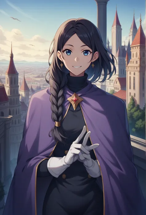 high resolution, masterpiece, necessary, detail, best quality, quality, necessary, details, High details, Precise, 
Solo, long hair, single braid, hair over shoulder, parted bangs, tower, smile, black hair, blue eyes, earrings, HanSemi, multicolored cape, ...